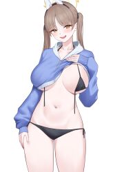 Rule 34 | 1girl, absurdres, animal ears, aoi riko, bikini, black bikini, blue archive, blue hoodie, blush, breasts, clothes lift, collarbone, covered erect nipples, cropped hoodie, fake animal ears, halo, highres, hood, hoodie, hoodie lift, large breasts, light brown hair, looking at viewer, moe (blue archive), moe (swimsuit) (blue archive), rabbit ears, side-tie bikini bottom, simple background, smile, solo, stomach, swimsuit, thighhighs, twintails, underboob, untied bikini, white background