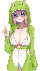 Rule 34 | 1girl, animal costume, artist request, bikini, blue eyes, blush, bocchi the rock!, breasts, cleavage, collarbone, costume, cowboy shot, dinosaur costume, dinosaur hood, double-parted bangs, embarrassed, facing viewer, feet out of frame, female focus, gotoh hitori, hair between eyes, hand up, highres, large breasts, long sleeves, looking at viewer, open clothes, pink hair, simple background, solo, standing, straight-on, swimsuit, upper body, white background, white bikini