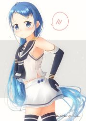 Rule 34 | 1girl, armpits, artist name, bare shoulders, blue eyes, blue gloves, blue hair, blue thighhighs, blush, breasts, collarbone, commentary request, elbow gloves, gloves, hand on own ass, hand on own chest, kantai collection, long hair, looking at viewer, mae (maesanpicture), sailor collar, samidare (kancolle), school uniform, serafuku, shirt, simple background, skirt, sleeveless, sleeveless shirt, small breasts, solo, spoken blush, sweatdrop, swept bangs, thighhighs, very long hair, white background, white serafuku, white shirt, white skirt, zettai ryouiki