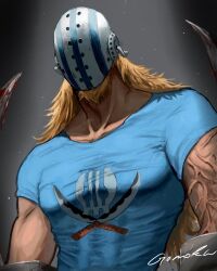 Rule 34 | 1boy, blonde hair, blue shirt, commentary request, facial hair, facial hair through mask, goatee, gomoku 0318, highres, hockey mask, killer (one piece), long hair, male focus, mask, muscular, muscular male, one piece, shirt, short sleeves, signature, solo, t-shirt, weapon