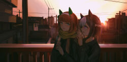 2girls animal_ears black_coat black_jacket blunt_bangs bow braid breath brown_hair building can canned_coffee coat drink_can ear_bow ear_covers enpera green_scarf hairband highres hime_cut holding holding_can horse_ears horse_girl jacket long_hair long_sleeves looking_at_another multicolored_hair multiple_girls open_mouth orange_hair outdoors power_lines purple_eyes railing scarf scenery seikatsu silence_suzuka_(umamusume) smile soda_can special_week_(umamusume) sunrise sunset two-tone_hair umamusume upper_body utility_pole white_hair white_hairband yellow_scarf yuri