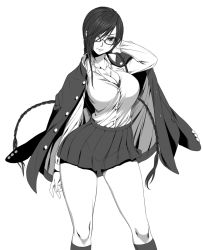 Rule 34 | 1girl, bad id, bad pixiv id, breasts, cleavage, glasses, greyscale, hair over one eye, hip focus, large breasts, legs, long hair, mada (mk333), miniskirt, monochrome, original, pleated skirt, school uniform, skirt, smile, solo, thighs, very long hair, wide hips