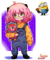 Rule 34 | 1girl, ahoge, alternate costume, anya (spy x family), arm at side, artist name, black footwear, black ribbon, blue overalls, blush, bob (despicable me), border, child, closed mouth, clothes writing, cosplay, despicable me, female focus, flat chest, glasses, green eyes, hair ribbon, hand up, happy, head tilt, highres, holding, holding stuffed toy, kineelaw, long hair, looking at viewer, minion (despicable me) (cosplay), outline, outside border, overalls, pink hair, pocket, purple background, reference inset, ribbon, round eyewear, shoes, sidelocks, signature, sleeves past wrists, smile, solo focus, split mouth, spy x family, straight-on, stuffed toy, sweater, white border, white outline, yellow sweater