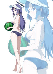 Rule 34 | 1girl, absurdres, alternate costume, alternate hairstyle, ass, ball, beachball, bikini, black bikini, blue archive, breasts, butt crack, full body, halo, highres, holding, holding ball, holding beachball, large breasts, long hair, looking at viewer, low twintails, makicha (sasurainopink), making-of available, mouth hold, purple eyes, purple hair, sideboob, simple background, solo, swimsuit, twintails, visor cap, watermelon beachball, whistle, white background, yuuka (blue archive), zoom layer