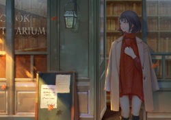 Rule 34 | 1girl, autumn leaves, black hair, blush, book, bookshelf, bookstore, boots, closed mouth, coat, commentary request, day, door, hand up, jacket, jacket on shoulders, knee boots, lantern, leaf, long sleeves, looking away, looking to the side, maple leaf, open door, original, outdoors, shoichi (ekakijin), shop, short hair, sign, solo, standing, sweater vest, window