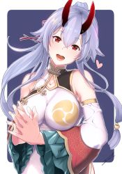 Rule 34 | 1girl, bare shoulders, blue background, blush, border, breasts, china dress, chinese clothes, detached sleeves, dress, fate/grand order, fate (series), fue (rhomphair), hair between eyes, heart, highres, horns, large breasts, looking at viewer, oni horns, own hands together, ponytail, red eyes, silver hair, simple background, solo, tomoe (symbol), tomoe gozen (fate), tomoe gozen (traveling outfit) (fate), white border, white dress, wide sleeves