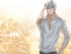Rule 34 | 1boy, blurry, blurry background, collarbone, dress shirt, grey hair, hand in own hair, hand up, izumi (stardustalone), lens flare, looking at viewer, male focus, original, shirt, simple background, standing, thumb in pocket, white shirt