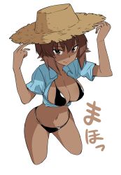 Rule 34 | 10s, 1girl, bikini, black bikini, blue shirt, breasts, brown eyes, brown hair, brown hat, character name, cleavage, closed mouth, collared shirt, commentary request, cowboy shot, cropped legs, girls und panzer, hands on headwear, hat, highres, hoshikawa (hoshikawa gusuku), large breasts, leaning forward, looking at viewer, navel, nishizumi maho, open clothes, open shirt, shirt, short hair, short sleeves, simple background, smile, solo, standing, straw hat, sun hat, swimsuit, tan, white background