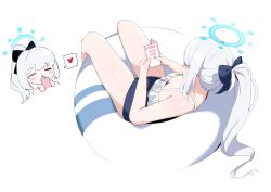 Rule 34 | 1girl, = =, blue archive, blue bow, blush, bow, cellphone, closed eyes, frills, hair bow, halo, heart, highres, holding, holding phone, innertube, long hair, miyako (blue archive), miyako (swimsuit) (blue archive), multiple views, one-piece swimsuit, phone, plentyofempty, ponytail, simple background, sitting, smartphone, spoken heart, swim ring, swimsuit, very long hair, white background