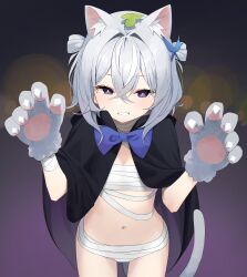 Rule 34 | 1girl, absurdres, animal ear fluff, animal ears, animal hands, bandaged arm, bandages, black cloak, blue bow, bow, cat ears, cat girl, cat tail, cloak, copyright request, gloves, grey gloves, grey hair, grin, hair between eyes, hands up, highres, hood, hood down, hooded cloak, leaf, leaf on head, looking at viewer, navel, paw gloves, purple eyes, smile, solo, standing, syhan, tail, virtual youtuber
