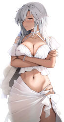 Rule 34 | 1girl, absurdres, alternate costume, alternate hairstyle, bikini, breast press, breasts, cleavage, collarbone, crossed arms, dark-skinned female, dark skin, glasses, grey hair, hair over one eye, halterneck, hat, highres, holding, holding clothes, holding hat, kantai collection, large breasts, long hair, looking at viewer, musashi (kancolle), o-ring, o-ring bikini, red eyes, sarong, solo, sun hat, swimsuit, unworn headwear, white background, white bikini, white nails, white sarong, yunamaro