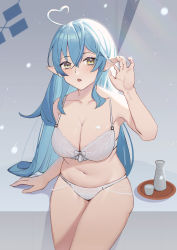 Rule 34 | 1girl, absurdres, ahoge, alcohol, armpits, bad id, bad pixiv id, bare shoulders, blue hair, bottle, bra, breasts, cleavage, collarbone, elf, hair between eyes, hand up, highres, hololive, jmao, large breasts, long hair, looking at viewer, navel, open mouth, panties, pointy ears, revision, sake, sake bottle, shadow, sitting, solo, sunlight, underwear, underwear only, very long hair, virtual youtuber, white bra, white panties, yellow eyes, yukihana lamy