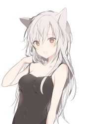 Rule 34 | 1girl, :o, animal ears, bare shoulders, black shirt, blush, breasts, camisole, cat ears, cleavage, collarbone, covered navel, hair between eyes, hair over breasts, hand in own hair, hand on own shoulder, hand up, long hair, looking at viewer, lpip, open mouth, original, red eyes, shirt, sidelocks, simple background, solo, spaghetti strap, strap slip, tsurime, upper body, very long hair, white background, white hair