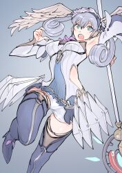 Rule 34 | 1girl, grey hair, head wings, highres, melia antiqua, simple background, solo, staff, staff (weapon), ug333333, weapon, wings, xenoblade chronicles: future connected, xenoblade chronicles (series), xenoblade chronicles 1