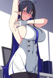 Rule 34 | 1girl, armpits, blue archive, blue eyes, blush, breasts, glasses, gloves, highres, large breasts, long hair, looking at viewer, ootori subaru, pointy ears, rin (blue archive), sideboob, sketch, skirt, solo, spread armpit, very long hair