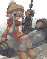 Rule 34 | 1girl, arm up, asymmetrical hair, bare legs, beanie, blunt bangs, blush, boots, braid, brown footwear, closed mouth, coat, colored inner hair, commentary request, dynamo roller (splatoon), full body, fur-trimmed boots, fur trim, grey eyes, grey hair, hair tie, hat, highres, holding, holding weapon, hood, hood down, huge weapon, inkling girl, inkling player character, long hair, looking at viewer, multicolored hair, nintendo, orange coat, pink hair, pointy ears, purple pupils, single braid, sitting, smile, solo, splatoon (series), splatoon 3, tentacle hair, tiripow, two-tone hair, weapon, yellow hat