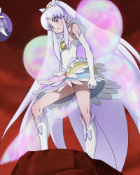 Rule 34 | 10s, 1girl, absurdly long hair, brooch, cure fortune, cure fortune (innocent form), elbow gloves, gloves, gurasan (happinesscharge precure!), happinesscharge precure!, haruyama kazunori, heart, heart brooch, hikawa iona, innocent form (happinesscharge precure!), jewelry, light purple hair, long hair, magical girl, multicolored clothes, multicolored skirt, no panties, ponytail, precure, purple eyes, skirt, standing, very long hair, white gloves, wide ponytail