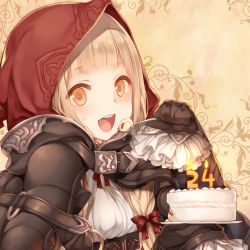 Rule 34 | 1girl, belt, belt buckle, blonde hair, blunt bangs, blush, bow, brown belt, buckle, cake, candle, cape, fire, food, food on face, frilled sleeves, frills, hair bow, happy, holding, holding spoon, hood, hood up, hooded cape, long hair, long sleeves, looking at viewer, open mouth, orange eyes, red bow, red cape, red hood, red riding hood (sinoalice), sidelocks, sinoalice, sleeves past fingers, sleeves past wrists, solo, spoon, sweets, teeth, teroru, upper body, upper teeth only