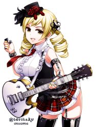 Rule 34 | 10s, 1girl, black thighhighs, blonde hair, blush, breasts, drill hair, electric guitar, garter straps, guitar, hair ornament, hat, instrument, large breasts, long hair, looking at viewer, mahou shoujo madoka magica, mahou shoujo madoka magica (anime), necktie, open mouth, plaid, plaid skirt, plectrum, shirt, simple background, skirt, sleeveless, sleeveless shirt, smile, solo, thighhighs, tomoe mami, torigoe takumi, twin drills, twintails, vest, white background, yellow eyes, zettai ryouiki