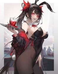 Rule 34 | 1girl, absurdres, alternate costume, animal ears, black hair, black leotard, black pantyhose, border, bow, bowtie, breasts, casino, cherry, commentary, cowboy shot, cup, detached collar, detached sleeves, fake animal ears, food, from side, fruit, gradient border, grey border, hand on own hip, highleg, highleg leotard, highres, holding, holding tray, honkai: star rail, honkai (series), indoors, kkamiiz, leotard, long hair, looking at viewer, medium breasts, nail polish, pantyhose, playboy bunny, puffy sleeves, rabbit ears, rabbit tail, red bow, red bowtie, red eyes, red nails, side-tie leotard, sideboob, solo, sparkle (honkai: star rail), strapless, strapless leotard, symbol-only commentary, tail, tray, twintails, white border