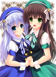 Rule 34 | 2girls, :d, beret, blue eyes, blue hair, blue hat, blue skirt, blue vest, blunt bangs, blush, border, breasts, brown hair, closed mouth, collared shirt, commentary request, cowboy shot, flat chest, gochuumon wa usagi desu ka?, green eyes, green hat, green skirt, green vest, hair between eyes, hair ornament, hairclip, hat, hat ribbon, heart, heart background, highres, holding hands, interlocked fingers, kafuu chino, lace, lace border, large breasts, light blue hair, long hair, looking at viewer, matching outfits, multiple girls, open mouth, ornate border, puffy short sleeves, puffy sleeves, ribbon, shirt, short sleeves, sidelocks, skirt, smile, two-tone background, ujimatsu chiya, vest, white ribbon, white shirt, wing collar, wrist cuffs, x hair ornament, yunagi amane