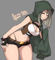 Rule 34 | 1girl, agawa ryou, artist name, belt, black shorts, breasts, brown belt, cleavage, cloak, closed mouth, crop top, fingerless gloves, gloves, green cloak, green hood, grey background, large breasts, leaning forward, medium hair, midriff, navel, original, short shorts, shorts, silver hair, smile, solo, stomach, thighs