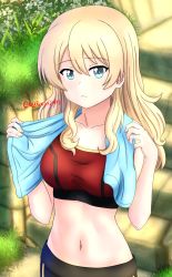 Rule 34 | 1girl, black shorts, blonde hair, blue eyes, commentary, darjeeling (girls und panzer), day, girls und panzer, grass, hair down, highres, long hair, looking at viewer, midriff, navel, outdoors, parted lips, red sports bra, redbaron, shorts, solo, sports bra, standing, sweat, towel, towel around neck, twitter username