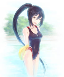 Rule 34 | black hair, competition swimsuit, fang, fictional persona, kickboard, long hair, one-piece swimsuit, ponytail, self-portrait, swimsuit, tda, yellow eyes, original