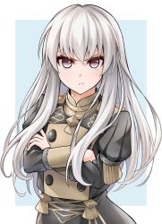 Rule 34 | &gt;:t, 1girl, blue background, closed mouth, crossed arms, fire emblem, fire emblem: three houses, garreg mach monastery uniform, hair between eyes, long hair, long sleeves, looking at viewer, lysithea von ordelia, nintendo, pink eyes, pout, simple background, solo, ten (tenchan man), uniform, upper body, white background, white hair