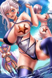 Rule 34 | bb (fate), bb (fate) (all), bb (fate/extra), bb (swimsuit mooncancer) (fate), bb (swimsuit mooncancer) (second ascension) (fate), bikini, blue one-piece swimsuit, blue sky, blue thighhighs, boots, breasts, convenient censoring, covered erect nipples, criss-cross halter, earrings, fate/grand order, fate (series), grin, hair bun, hair ribbon, halterneck, highleg, highleg bikini, highres, jewelry, large breasts, long hair, mash kyrielight, mash kyrielight (swimsuit of perpetual summer), miyamoto musashi (fate), miyamoto musashi (fate/grand order), miyamoto musashi (swimsuit berserker) (fate), miyamoto musashi (swimsuit berserker) (third ascension) (fate), navel, on one knee, one-piece swimsuit, open mouth, parted lips, pink hair, purple bikini, purple hair, ribbon, rikadoh, short hair, sky, smile, splashing, starfish, sun, swimsuit, tan, thigh boots, thighhighs, untied bikini, wet, white bikini