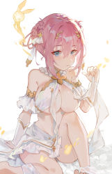 Rule 34 | 1girl, absurdres, bare shoulders, blue eyes, blush, braid, braided hair rings, breasts, cleavage, criss-cross halter, fang qiao, fireball, hair ribbon, hair rings, halterneck, highres, knee up, large breasts, looking at viewer, navel, open mouth, pink hair, princess connect!, ribbon, short hair, sitting, skirt, twin braids, white skirt, yui (ceremonial) (princess connect!), yui (princess connect!)
