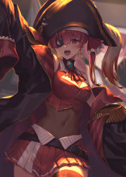 Rule 34 | 1girl, arrow through heart, bare shoulders, belt, bicorne, black coat, blouse, blush, breasts, coat, concert, covered navel, cowboy shot, eyepatch, hat, hololive, houshou marine, large breasts, leotard, leotard under clothes, long hair, miniskirt, open mouth, oukawa yuu, pirate hat, pleated skirt, red eyes, red hair, red skirt, screen, see-through, see-through leotard, shade, shirt, skirt, sleeveless, sleeveless shirt, sleeves past fingers, sleeves past wrists, smile, solo, stage, thighhighs, thighs, twintails, virtual youtuber, zettai ryouiki