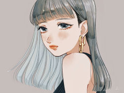 Rule 34 | 1girl, bare shoulders, blue eyes, blue hair, blunt bangs, blush, chain, chain earrings, closed mouth, from side, grey background, lipstick, long hair, looking at viewer, looking to the side, makeup, original, pink lips, simple background, solo, tsunko (9v2 q)