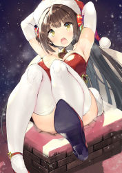 Rule 34 | 1girl, absurdres, arms up, bell, blunt bangs, blush, breasts, brown hair, chimney, christmas, commentary request, elbow gloves, gloves, hair ribbon, hat, high heels, highres, large breasts, long hair, looking at viewer, merry christmas, neck bell, night, ochinsama, open mouth, original, red footwear, ribbon, sack, santa costume, santa hat, snow, solo, stuck, thighhighs, thighs, white gloves, white thighhighs, yellow eyes