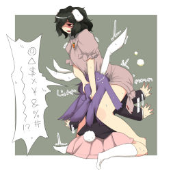 Rule 34 | 2girls, animal ears, black hair, blush, carrot, carrot necklace, cunnilingus, fang, female focus, forced, hand on another&#039;s head, inaba tewi, jewelry, kneehighs, knees together feet apart, multiple girls, necklace, oral, panicking, peeing, pendant, purple hair, rabbit ears, rabbit girl, rabbit tail, red eyes, reisen udongein inaba, sexually suggestive, short hair, simple background, sitting, socks, spread legs, sweat, tail, toriga naku, touhou, trembling, yuri