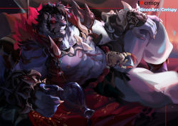 Rule 34 | 1boy, abs, absurdres, animal ears, bara, bare pectorals, bulge, crrispy shark, furry, furry male, gauntlets, grey fur, highres, jug (bottle), large pectorals, loincloth, looking at viewer, lying, male focus, mismatched sclera, muscular, muscular male, navel, nipples, on side, paid reward available, pectorals, sdorica, short hair, shoulder spikes, solo, spikes, spread legs, stomach, thick thighs, thighs, tiger boy, tiger ears, yao (sdorica)