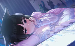Rule 34 | 1girl, absurdres, animal ears, black hair, black nails, blue archive, blush, cat ears, cat girl, cellphone, closed mouth, commentary request, curtains, frills, hand on own face, highres, indoors, kikyou (blue archive), long sleeves, looking at viewer, lying, on side, open clothes, pajamas, phone, pink pajamas, pizza (pizzania company), short hair, sleepwear, smartphone, solo