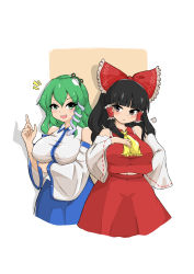 Rule 34 | 2girls, absurdres, ascot, bare shoulders, black hair, blue skirt, blush, bow, breasts, brown eyes, closed mouth, collar, collared shirt, detached sleeves, frog hair ornament, green eyes, green hair, hair between eyes, hair ornament, hair tubes, hakurei reimu, hand on own chest, hand up, highres, kochiya sanae, large breasts, long sleeves, looking at another, looking at viewer, lykesya, medium hair, multiple girls, navel, open mouth, orange background, pointing, red bow, red shirt, red skirt, shirt, simple background, skirt, snake hair ornament, touhou, white background, white shirt, wide sleeves, yellow ascot