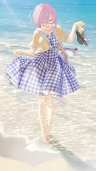 Rule 34 | 1girl, :d, ^ ^, bag, bare legs, barefoot, beach, black-framed eyewear, brown jacket, casual, checkered clothes, checkered dress, closed eyes, clothes lift, collarbone, day, dress, dress lift, eyes visible through hair, facing viewer, fate/grand order, fate (series), full body, glasses, hair over one eye, handbag, hayashi kewi, holding, holding shoes, jacket, lifting own clothes, mash kyrielight, mash kyrielight (senpai killer outfit), ocean, official alternate costume, open clothes, open jacket, open mouth, outdoors, over shoulder, pink hair, plaid, plaid dress, sandals, shoes, unworn shoes, short hair, short sleeves, shoulder bag, smile, solo, sparkle, swept bangs, wading, walking, water, white footwear