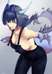 Rule 34 | 1girl, absurdres, arched back, artist name, bare arms, bare shoulders, black hair, black overalls, blue eyes, blue hair, breasts, cleavage, colored inner hair, commentary request, cowboy shot, dragon girl, dragon horns, dragon print, dragon tail, erasorpepero, grin, hair flaps, hair intakes, highres, hololive, hololive english, horns, large breasts, leaning forward, looking at viewer, multicolored hair, naked overalls, ouro kronii, overalls, paid reward available, print overalls, short hair, sideboob, signature, smile, solo, tail, virtual youtuber