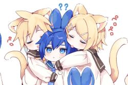 Rule 34 | 1girl, 2boys, :p, ?, ??, animal ear fluff, animal ears, black sailor collar, blonde hair, blue hair, blue necktie, blue sailor collar, boy and girl sandwich, cat ears, chibi, confused, cropped, hair ornament, hairclip, hug, kagamine len, kagamine rin, kaito (vocaloid), licking, long sleeves, mogu (wy5xrt7w), multiple boys, necktie, outstretched arm, parted lips, rabbit ears, sailor collar, sandwiched, shirt, short hair, simple background, tongue, tongue out, upper body, vocaloid, white background, white shirt