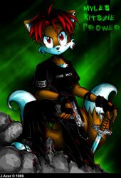 Rule 34 | 1boy, extra tails, fingerless gloves, fox boy, furry, gloves, jeff axer, male focus, red eyes, red hair, solo, sonic (series), tails (sonic), weapons