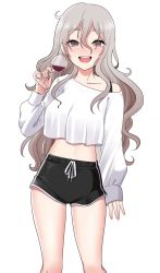 Rule 34 | 1girl, alcohol, alternate costume, black shorts, blush, breasts, cup, drinking glass, grey hair, hair between eyes, highres, holding, holding cup, kantai collection, long hair, long sleeves, looking at viewer, medium breasts, open mouth, pola (kancolle), shirt, short shorts, shorts, simple background, solo, white background, white shirt, wine, wine glass, yomogi dango