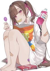 Rule 34 | 1girl, absurdres, bag of chips, bandaid, bandaid on leg, barefoot, bottle, brown hair, candy, chips (food), colored inner hair, commentary request, daluto (hitomi555), ear piercing, feet, food, food in mouth, highres, holding, holding bottle, holding candy, holding food, holding lollipop, knees up, lollipop, looking at viewer, multicolored hair, nail polish, original, piercing, pink eyes, pink hair, plastic bottle, pocky, potato chips, revision, shirt, short sleeves, simple background, sitting, solo, sweat, toenail polish, toenails, toes, twintails, white background, white shirt