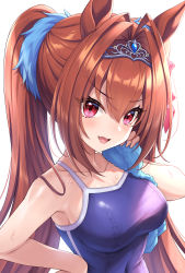 Rule 34 | 1girl, :d, animal ears, bare arms, bare shoulders, blue one-piece swimsuit, blush, breasts, brown hair, cleavage, collarbone, commentary request, daiwa scarlet (umamusume), fang, hair between eyes, hair intakes, hand on own hip, highres, holding, holding towel, horse ears, long hair, looking at viewer, medium breasts, one-piece swimsuit, open mouth, red eyes, simple background, smile, solo, swimsuit, tiara, tomo (tmtm mf mf), towel, twintails, umamusume, v-shaped eyebrows, very long hair, wet, white background