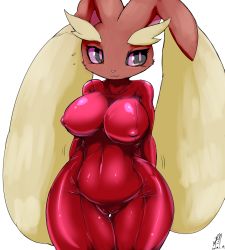 Rule 34 | 1girl, :3, animal ears, arms behind back, artist name, black eyes, blush, bodysuit, breasts, closed mouth, clothed pokemon, colored sclera, cottontail, covered collarbone, covered erect nipples, covered navel, creatures (company), dated, female focus, flying sweatdrops, furry, furry female, game freak, gen 4 pokemon, highres, large breasts, light blush, looking away, looking to the side, lopunny, nintendo, pink sclera, pokemon, pokemon (creature), rabbit ears, red bodysuit, shiny clothes, shy, signature, simple background, skin tight, smile, solo, thick thighs, thighs, white background, wide hips