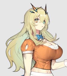 Rule 34 | 1girl, blonde hair, blue bow, blue bowtie, blue eyes, bow, bowtie, breasts, cleavage, barghest (fate), fate/grand order, fate (series), grey background, heterochromia, large breasts, long hair, midriff, navel, parted lips, short sleeves, simple background, solo, tan (inka)