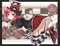 Rule 34 | 1girl, bad id, bad twitter id, black border, border, bow, checkerboard cookie, checkered clothes, checkered headwear, circle name, commentary request, cookie, cup, elbow gloves, fingerless gloves, flower, food, fork, frilled skirt, frills, garter straps, gloves, happy birthday, hat, hat bow, horizontal-striped legwear, key, looking at viewer, love live!, love live! school idol festival, love live! school idol project, nishikino maki, outside border, plaid, plaid skirt, purple eyes, red flower, red hair, red rose, rose, sakurai makoto (custom size), shirt, shoes, skirt, solo, spoon, striped clothes, striped thighhighs, tag, teacup, thighhighs