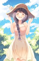 Rule 34 | 10s, 1girl, :d, ^ ^, black hair, braid, closed eyes, day, dress, closed eyes, hair over shoulder, hands on headwear, hat, kantai collection, kitakami (kancolle), komi zumiko, long hair, open mouth, single braid, smile, solo, sun hat, sundress