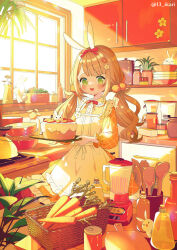 Rule 34 | 1girl, :d, animal ears, apron, blender (object), bow, bowl, brown hair, cake, carrot, collared dress, commentary request, day, dress, food, green eyes, hair bow, highres, holding, ikari (aor3507), indoors, long hair, long sleeves, looking at viewer, low twintails, open mouth, orange dress, original, pleated dress, puffy long sleeves, puffy sleeves, rabbit ears, red bow, smile, solo, spatula, spoon, sunlight, twintails, twitter username, very long hair, white apron